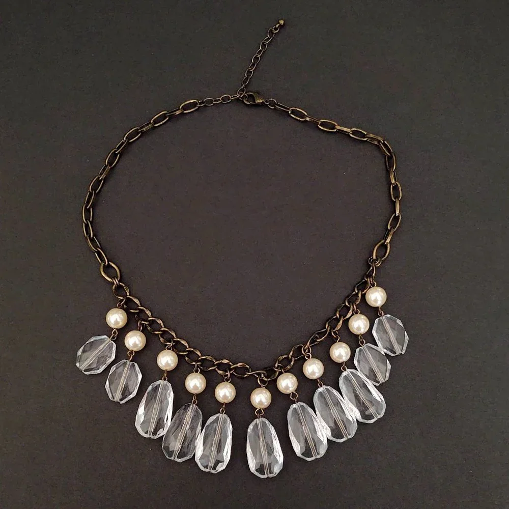 Faux pearl and clear bead dangle statement necklace